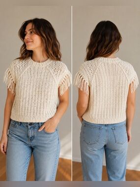 Universal Thread Goods Co Cream Fringe Knit Sweater Top Boho Western Festival